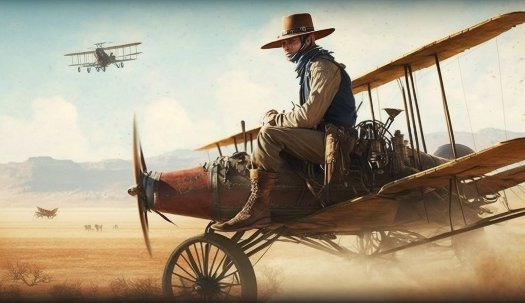 A cowboy on a biplane.